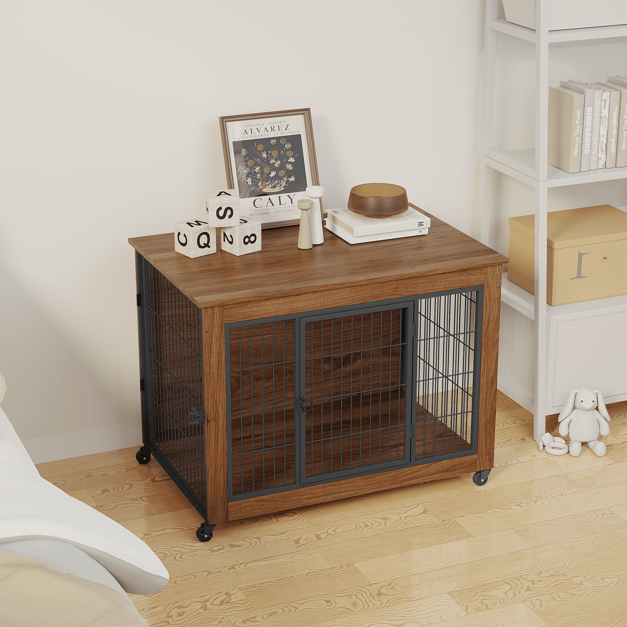Dog Crate Furniture with Wheels, Wooden Indoor Pet Kennel End Table, Heavy Duty Double Door Metal Dog Cage with Brake Casters, Ventilated Safe Crate for Small & Anxious Dogs