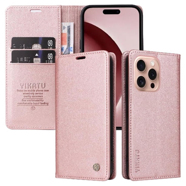 Funda para iPhone 16 Pro Estuche de Cuero PU Tipo Cartera con Ranuras para Tarjetas y Cierre Magnético