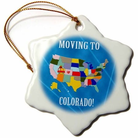 Colorado Heart - 3dRose United States Map, Moving to Colorado, Heart and Car with Luggage, Snowflake Ornament, Porcelain, 3-inch