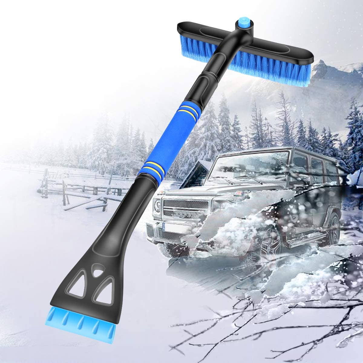 QUEES Car Snow Brush Detachable Car Snow Broom Snow Scraper with Ice Scraper & LED Light for SUV Trucks Auto Snow Removal 
