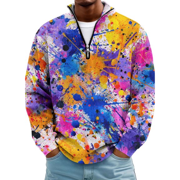 LNZGNM Mens Mardi Gras Carnival Shirt Quarter Zip Plus Size Carnival Graphic Printed Sweatshirt Stand Collar Long Sleeve Top Casual Carnival Outfits,Purple 4XL