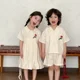 thumbnail image 3 of Conjunto de camisa de verano para niños, traje informal para hermanos, Top con flores bordadas, pantalones cortos, 2 uds., vestido con solapa de un solo pecho para niñas, 3 of 6