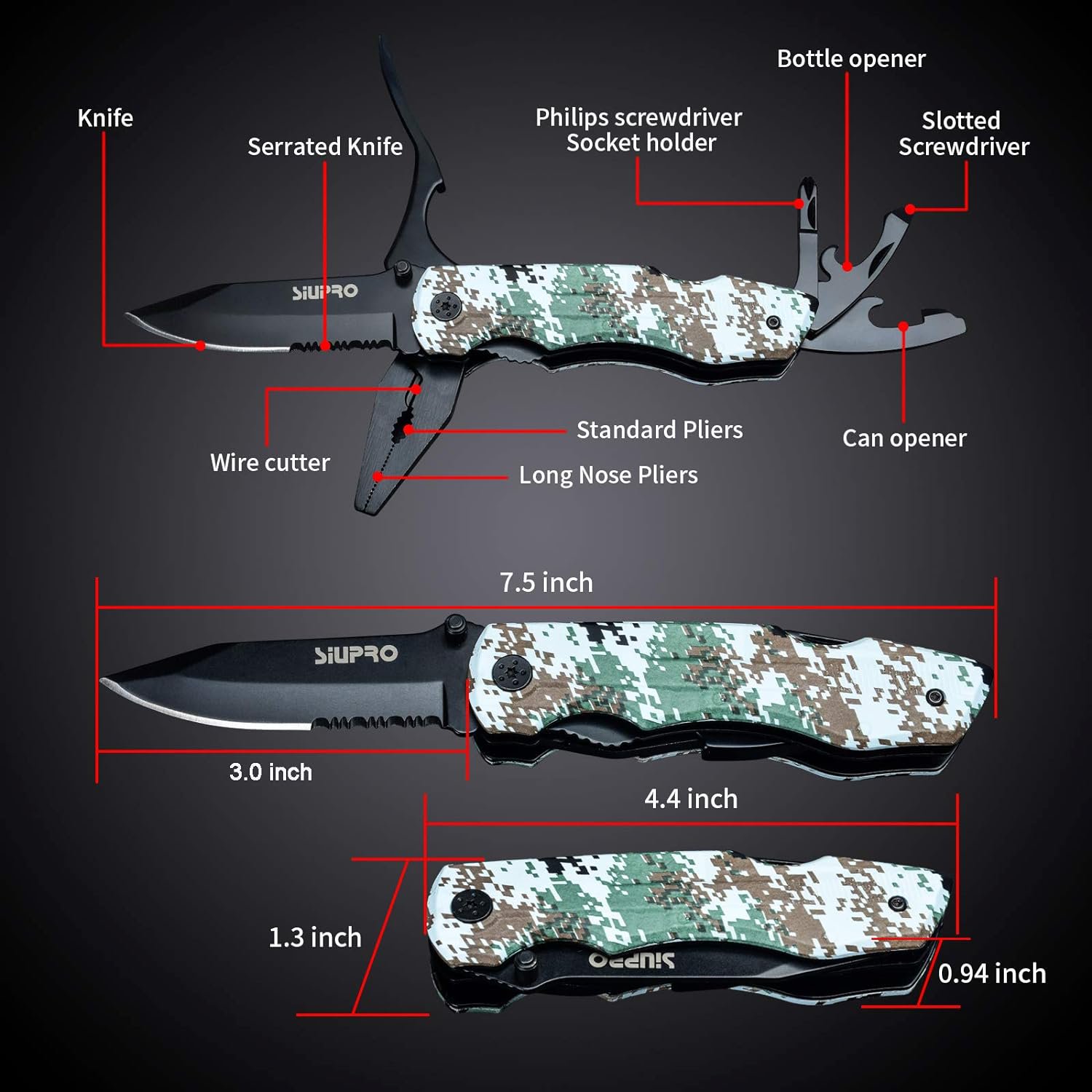 LABAKUI-Multitool Pocket Knife Set for Men Multipurpose 9-in-1 screwdriver kit Multi Tool Pliers for Camping Survival with Nylon Sheath Gifts Idea Camo