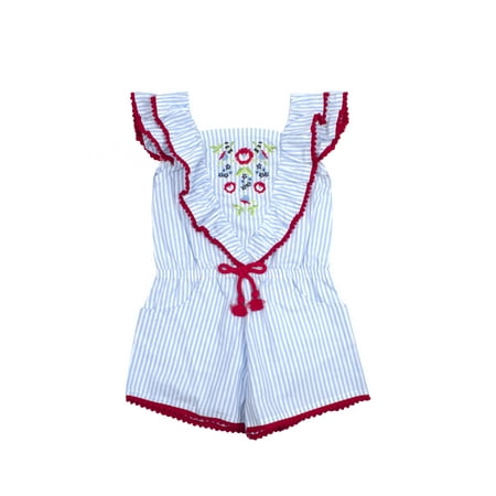 Girls Striped Romper - Woven Stripe Ruffled Romper (Little Girls)