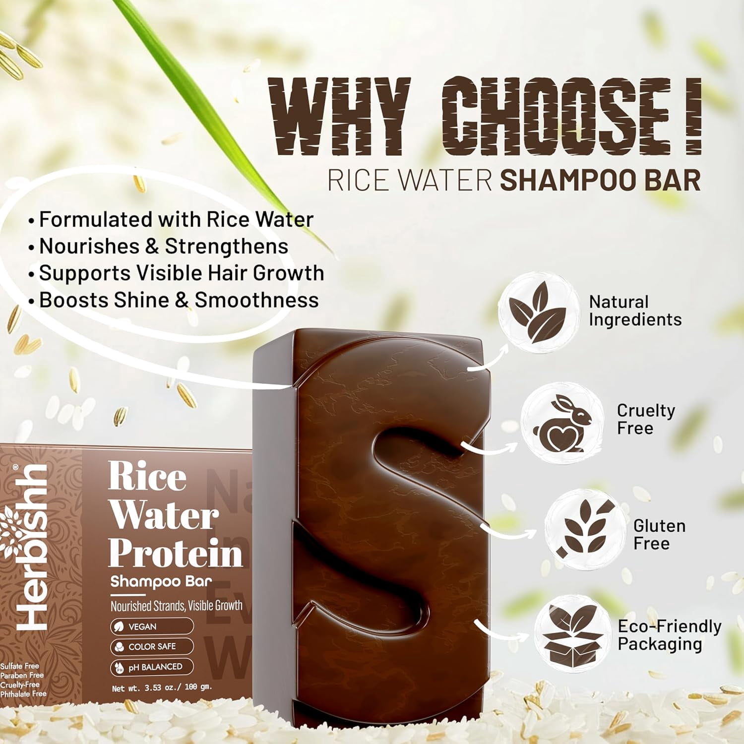 (2 pack) Herbishh Rice Water Shampoo Bar for Hair Growth – Strengthening & Nourishing, Solid Soap for Thinning Hair, Infused With Biotin, Ideal For All Hair Types, Paraben-Free & Sulfate-Free, 3.53 oz