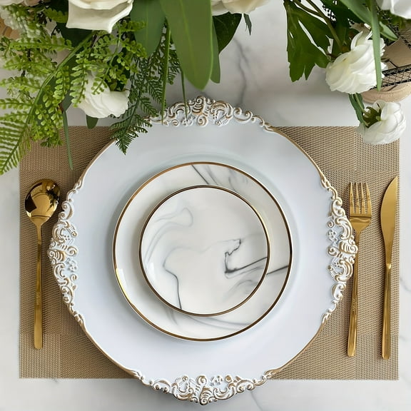 20pcs White Round Charger Plates, 13" Dinner Charger Dessert Plates With Golden Rim, Vintage Charger Serving Plates For Catering, Wedding, Tabletop Decor, Floral Trim