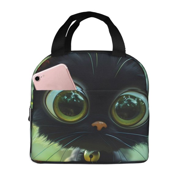 Easygdp Cute Big-Eyed Black Cat Bolsa Térmica Premium - Tela Oxford Impermeable, Gran Capacidad, Bolsillo Frontal, Unisex para Trabajo, Escuela, Actividades al Aire Libre y Picnics
