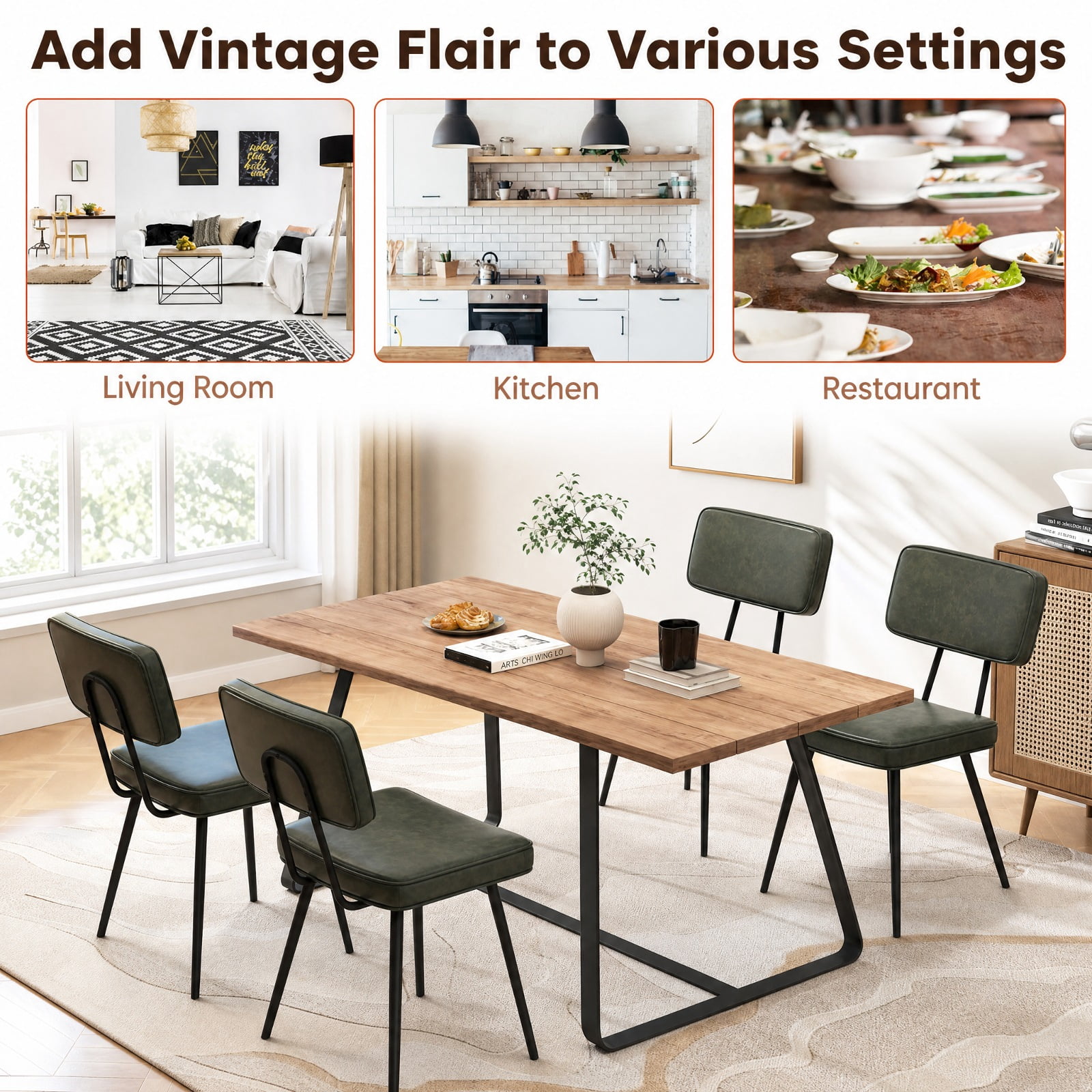 Furnibear Leather Dining Chairs Set of 2 with Padded Backrest and Tapered Metal Legs for Kitchen Dining Room, Dark Green