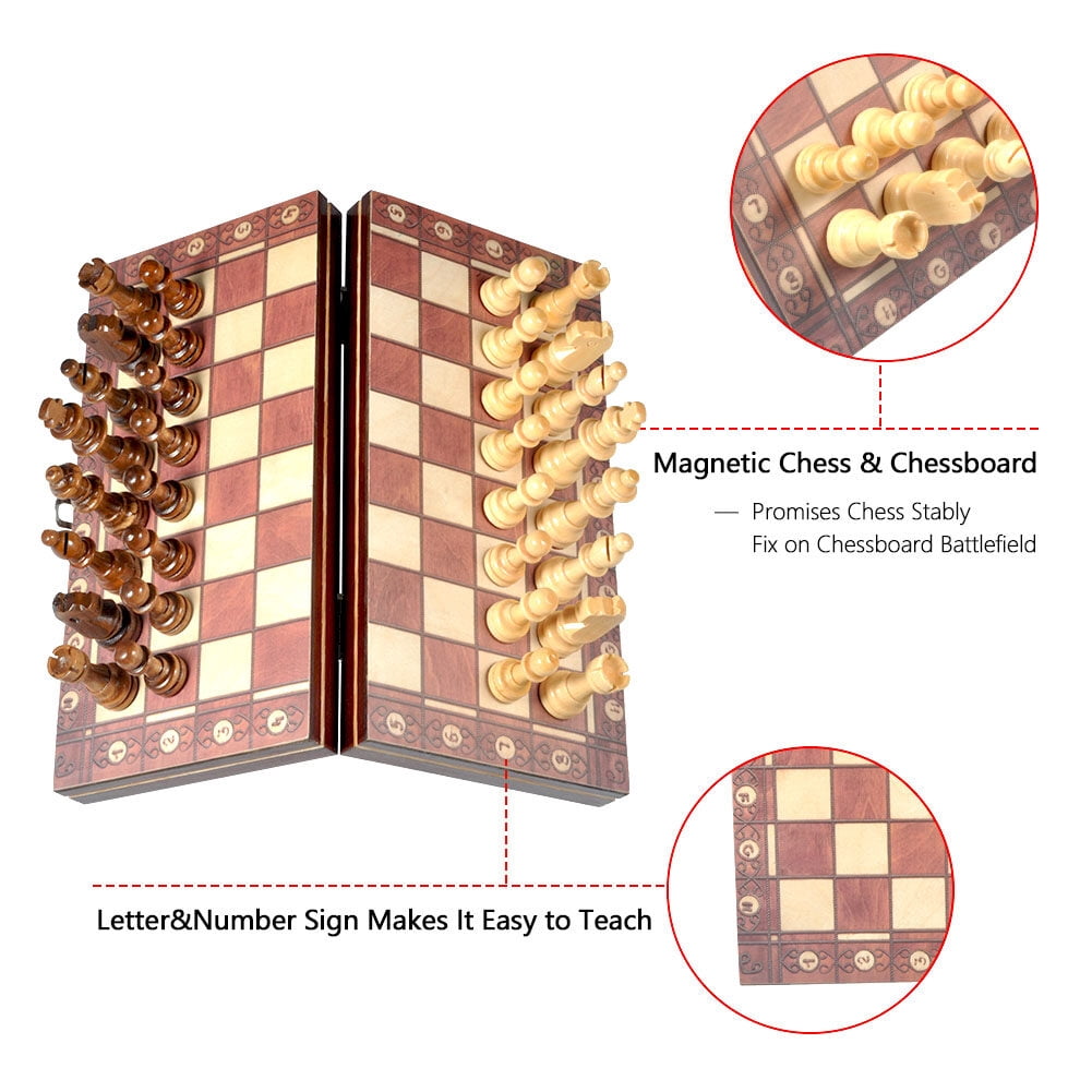 Qiilu 3 In 1 Magnetic Wooden International Chess Set with Folding Chessboard Game Gift,International Chess Set