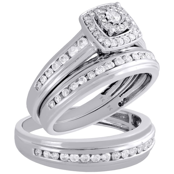 14K White Gold Diamond Trio Set Matching Engagement Ring & Wedding Band 7/8 Ct.