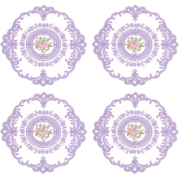 Fykuq 4Pcs Retro Lace Placemats, French Crochet Doilies Round Embroidered Hollow Cup Vase Table Mat for Dining Table Kitchen Party 11.02x11.02inch, Purple