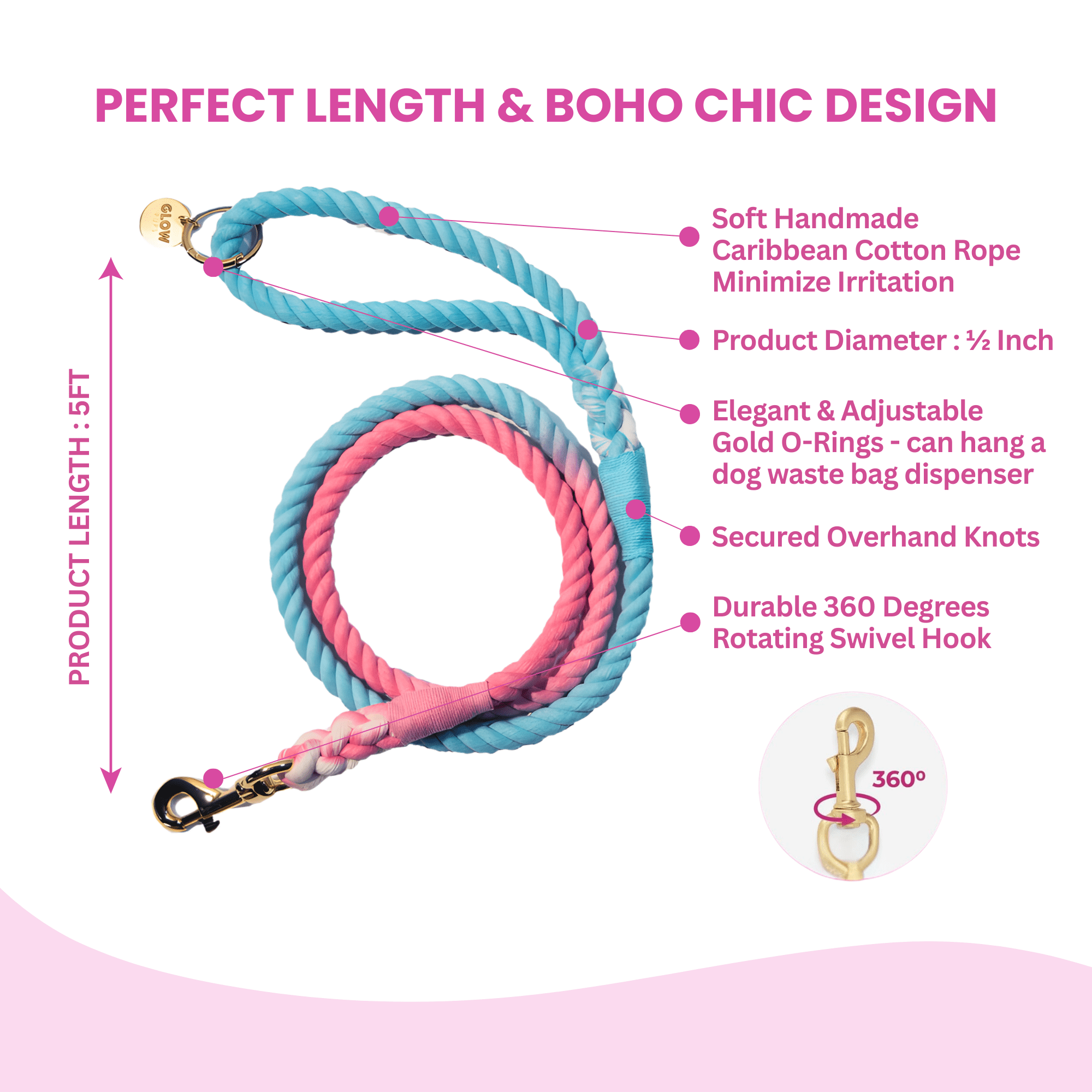 Pink and Blue Tie Dye Dog Leash - Glow Pups