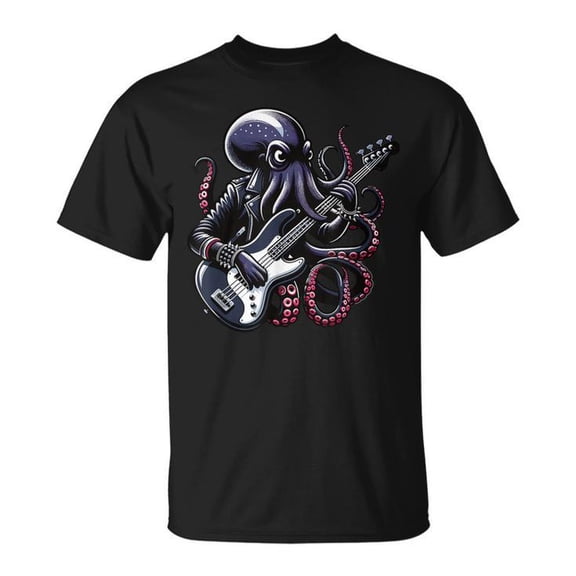 Octopus Playing Bass Guitar Tee Unisex Adult Cotton Electric Guitar Music Shirt for Fans of Rock and Sea Creatures, Size S, Color Black