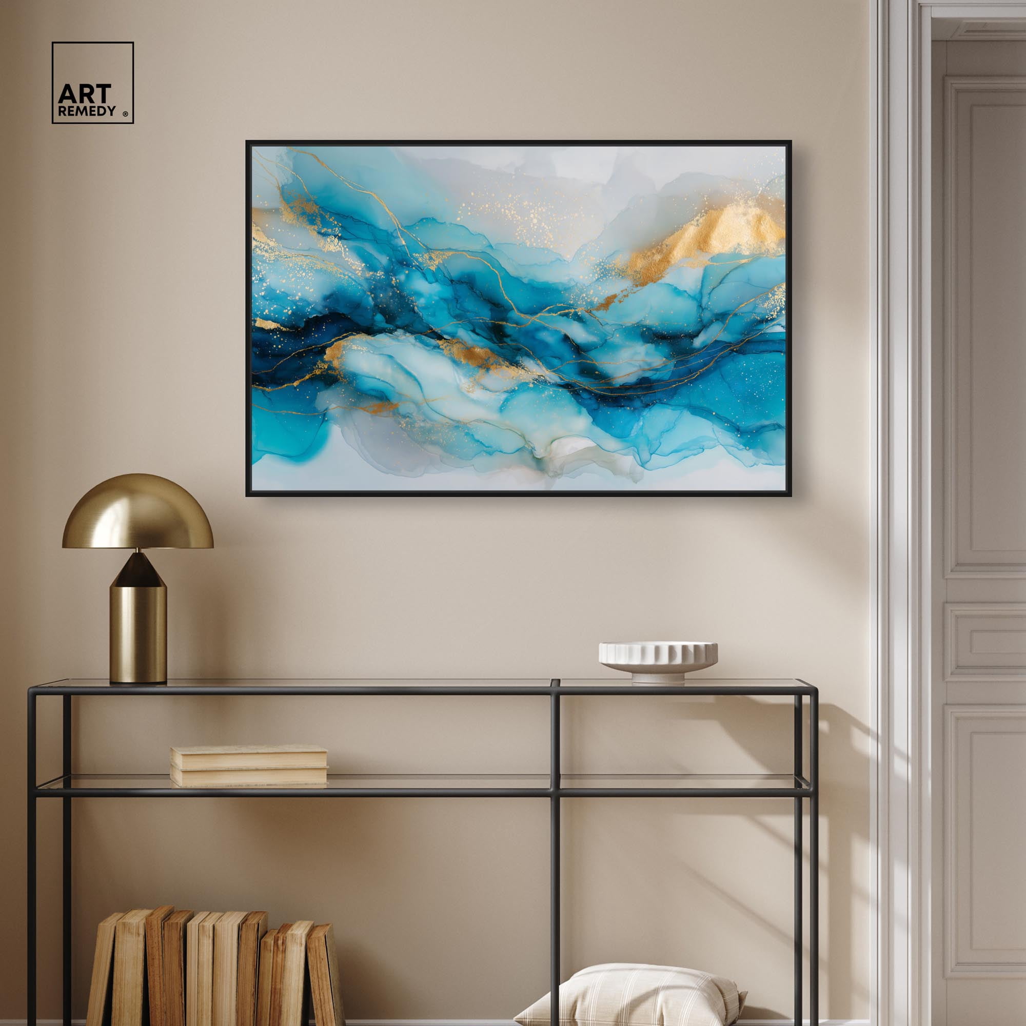 Ethereal Blue and Gold Canvas Abstract Wall Art by Art Remedy, Black Frame, 36 x 24