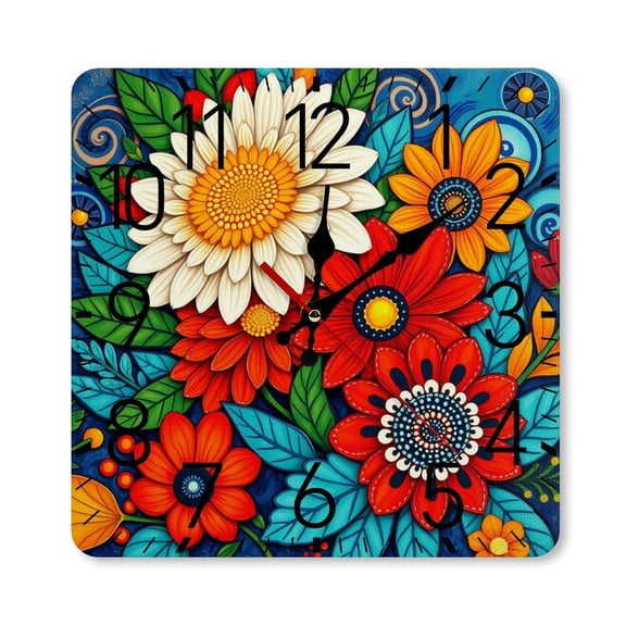 RKSupls 10×10inch Square Silent Wall Clock Wooden Frame, Colorful Floral Pattern Scale Decorative Clock for Home Bedroom Living Room Office