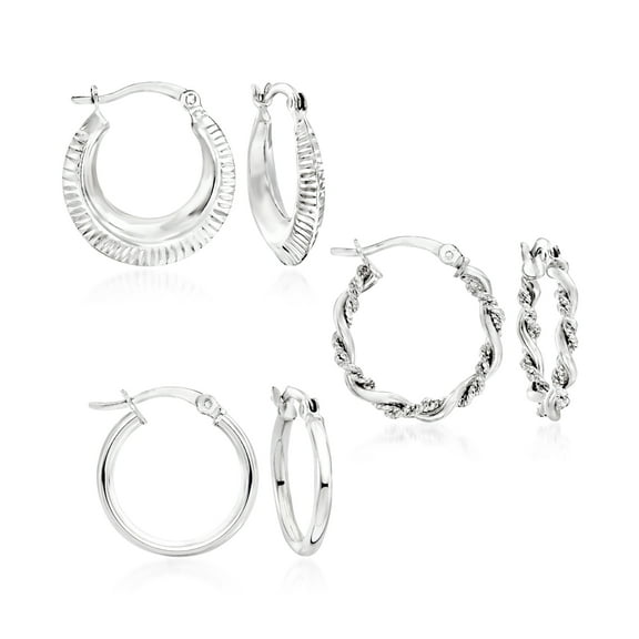 Ross-Simons Sterling Silver Jewelry Set: 3 Pairs Of Textured and Polished Hoop Earrings, Women's, Adult