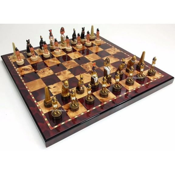 Egyptian Anubis Chess Set With 18" Cherry  Burlwood Color Board Egypt
