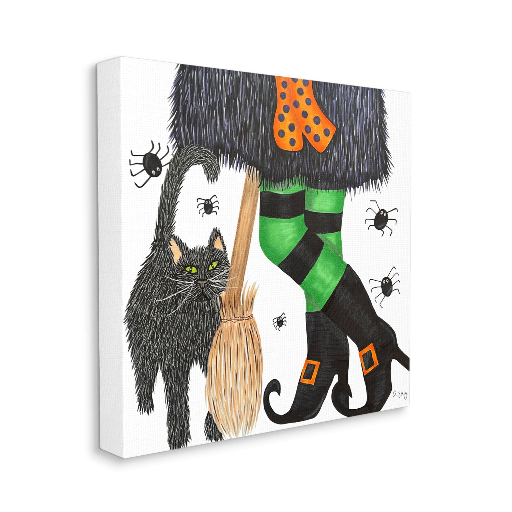 Stupell Industries Witch Broom Halloween Black Cat Holiday Painting Gallery Wrapped Canvas Print Wall Art