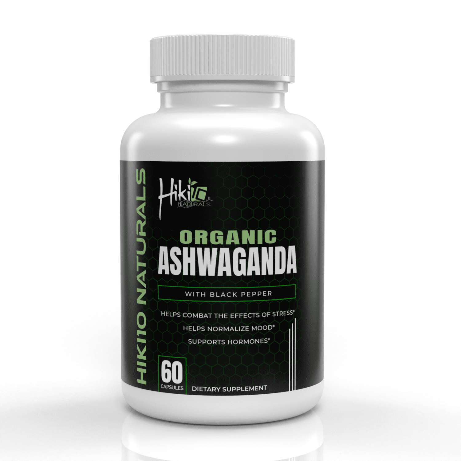 Hiki10 Naturals - Organic Ashwagandha Capsules 1300mg with Black Pepper, 60 Count Supplement