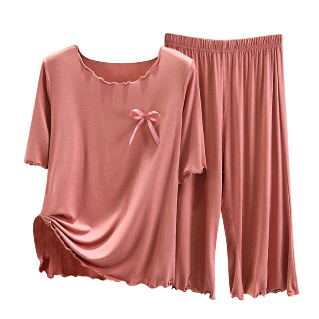 JUNWELL Tenues Roses pour Femmes Ensemble 2 Pcs Femmes Été Décontracté Costume Deux Pièces Pyjamas Côtes Sans Marques Manches Courtes Volantées Col Rond Haut/chemise Ensemble Vêtements de Maison Surdimensionnés