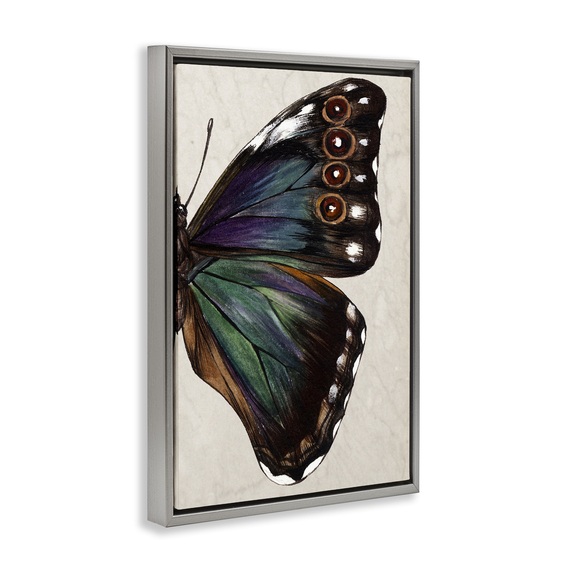 Stupell Industries Classic Butterfly Wing Animals & Insects Painting Gray Floater Framed Canvas Art Print Wall Art, 17 x 25