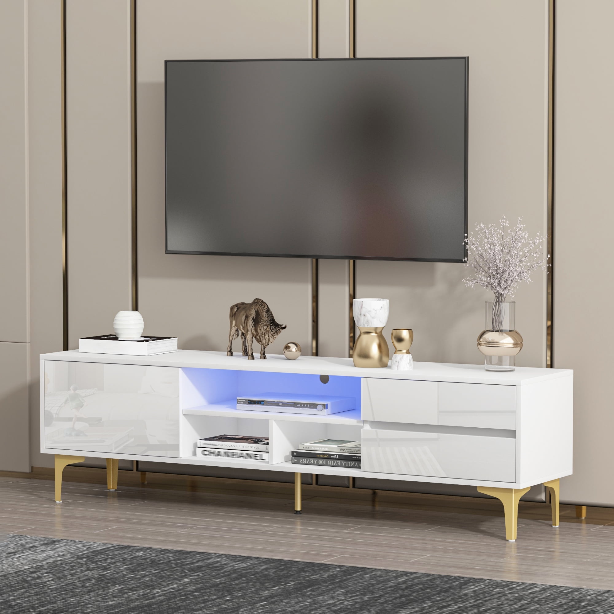 Aukfa LED TV Stand for TV up to 65" 70",UV Entertainment Center for Living Room Office, White