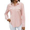 thumbnail image 3 of Hibeli Women Lapel Collar Roll Up Sleeves Button Down Pocket Solid Color Shirts, 3 of 7