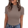 thumbnail image 2 of ClodeEU Women's Ribbed Knit Mock Neck T-Shirt, Short Sleeve Fitted Basic Top Brown,Women's Plus S, 2 of 9