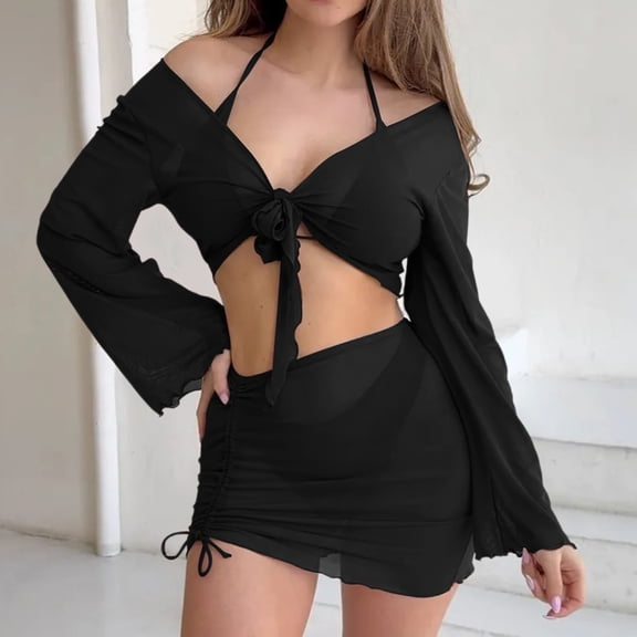 Womens 3 Piece Sheer Mesh Swimsuits Cover Up Long Sleeve Wrap Tie Crop Tops Mini Skirt Beach Set