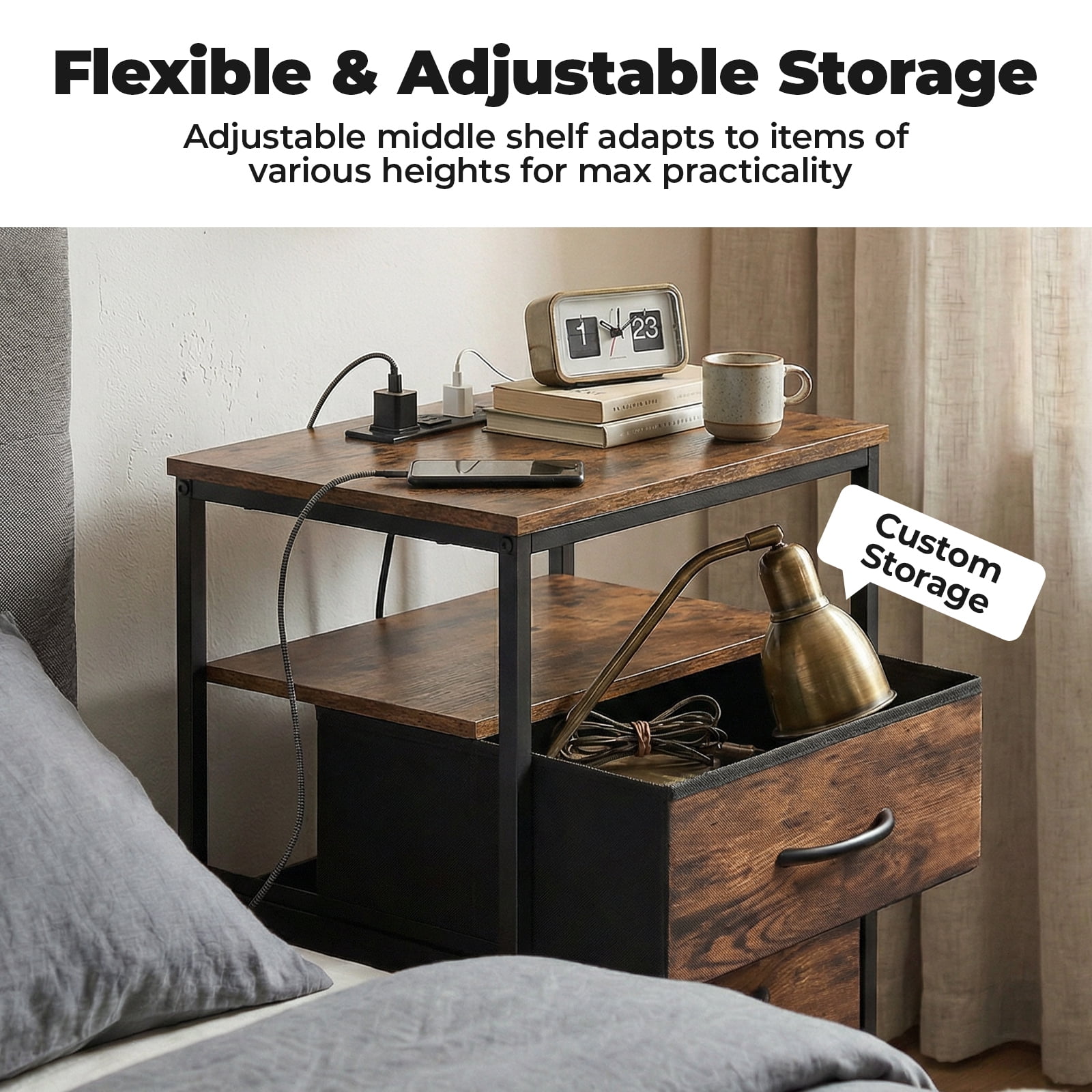 Alvantor Bedside Table Charging Station Nightstand with Fabric Drawers, End Side Table for Bedroom Living Room
