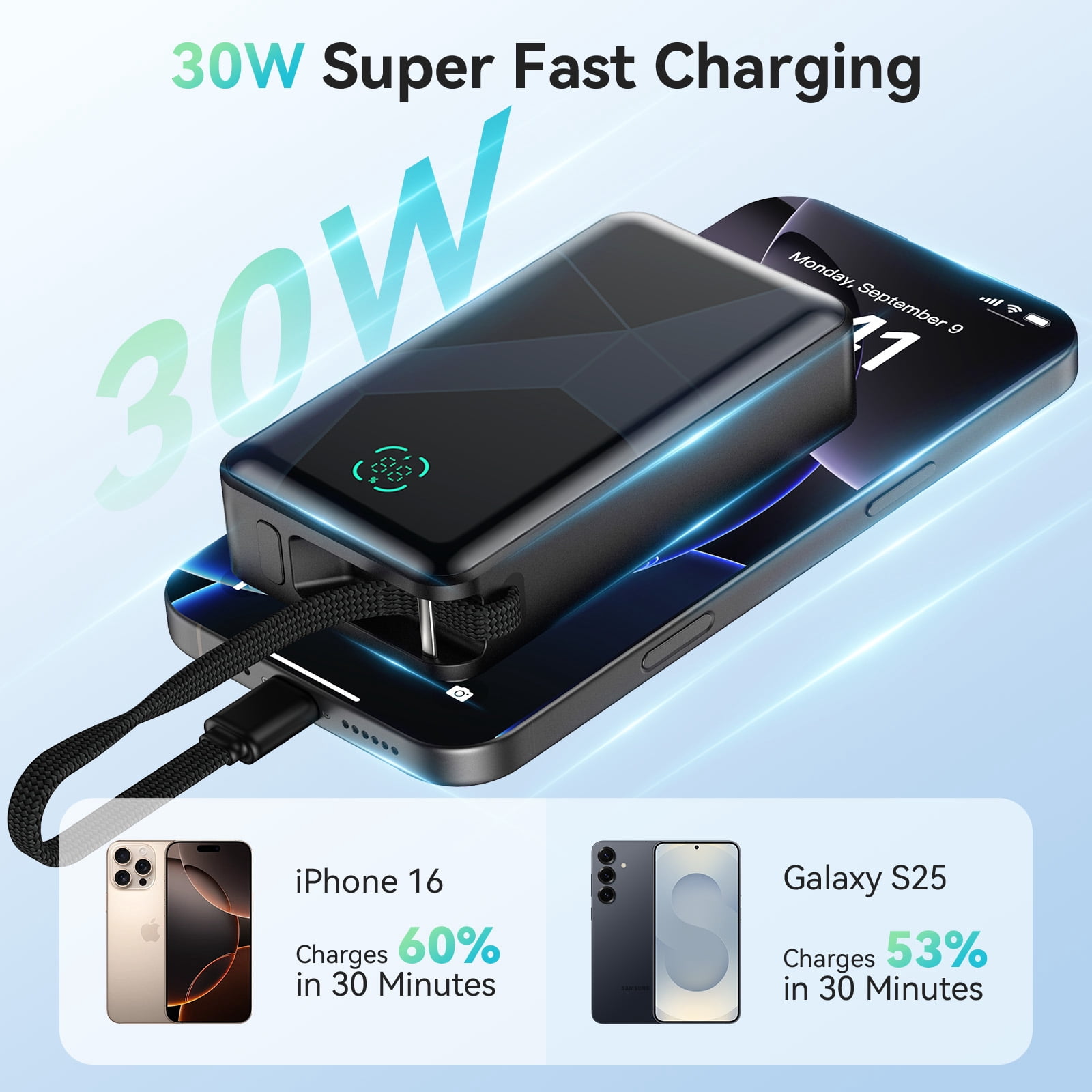 Portable Charger Power Bank, 10,000mAh PD 30W Fast Charging External Battery Pack with Built-in USB-C Cable, Travel Phone Charger with USB-C&A Output Compatible with iPhone, iPad, Samsung & More
