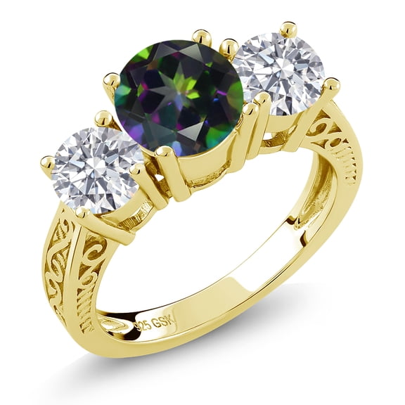Gem Stone King 18K Yellow Gold Plated Silver Green Mystic Topaz and Lab Grown Diamond Engagement Ring for Women | 2.30 Cttw | Round 7MM | Gemstone November Birthstone | Size 6
