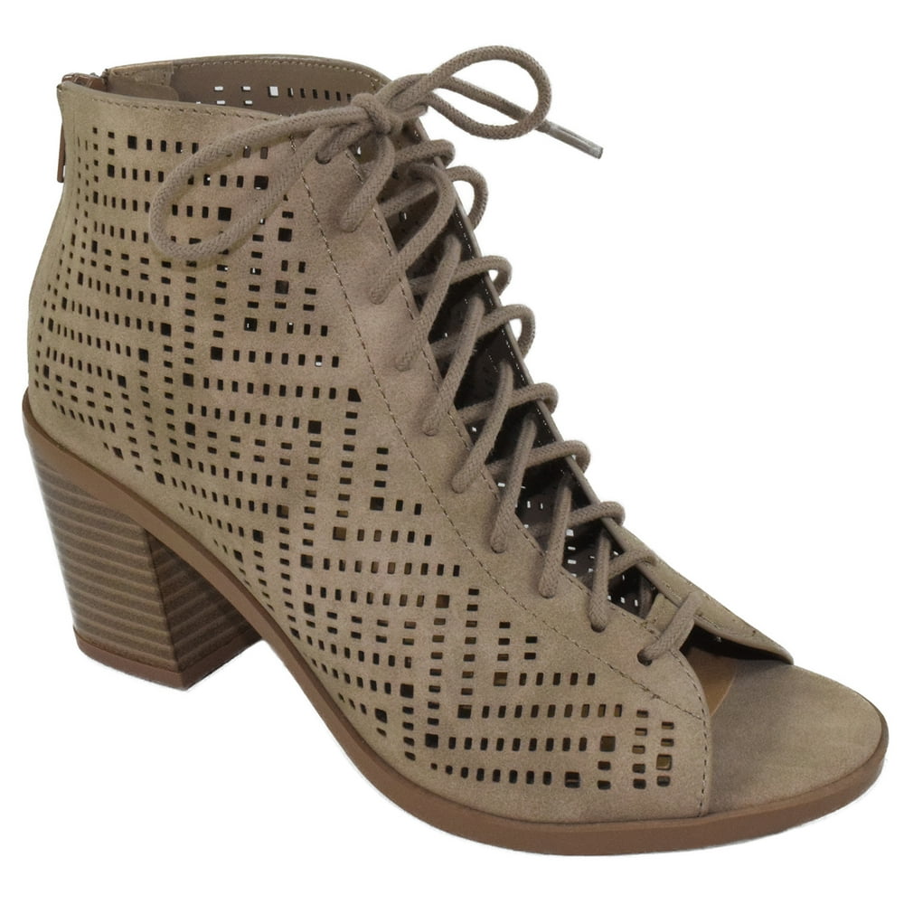 SODA - Soda Shoes Women Heels booties Style Open Peep Toe Lace Up Back Zipper Cut Out QUEBEC-S
