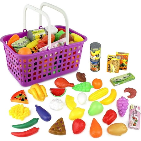Click n' Play Kids 33 Pc. Pretend Play Grocery Shopping Basket Toy Food Set | Fruits and Vegetable Toys with Shopping Basket | Toy Kitchen Accessories