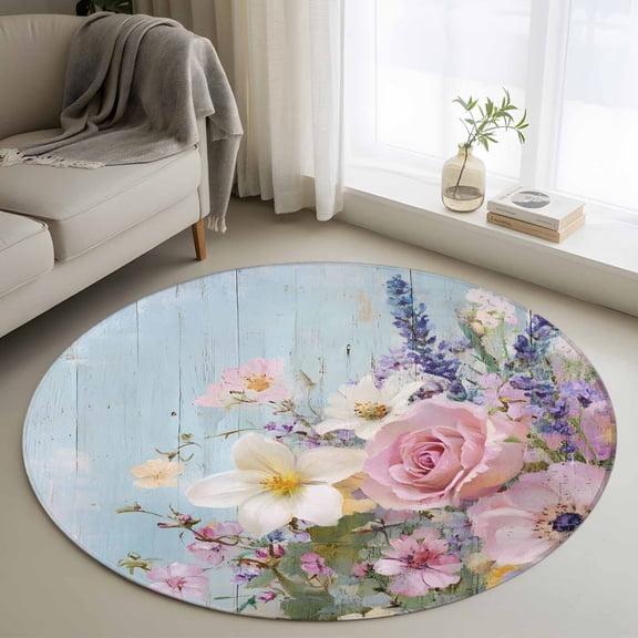 Spring Pink Flower Round Area Rug 4 FT, Non Slip Indoor Outdoor Rug, Lavender Botanical Blue Wood Board Washable Soft Circular Carpet Non-Shedding Floor Mat for Coffee Table Nursery Foyer Balcony