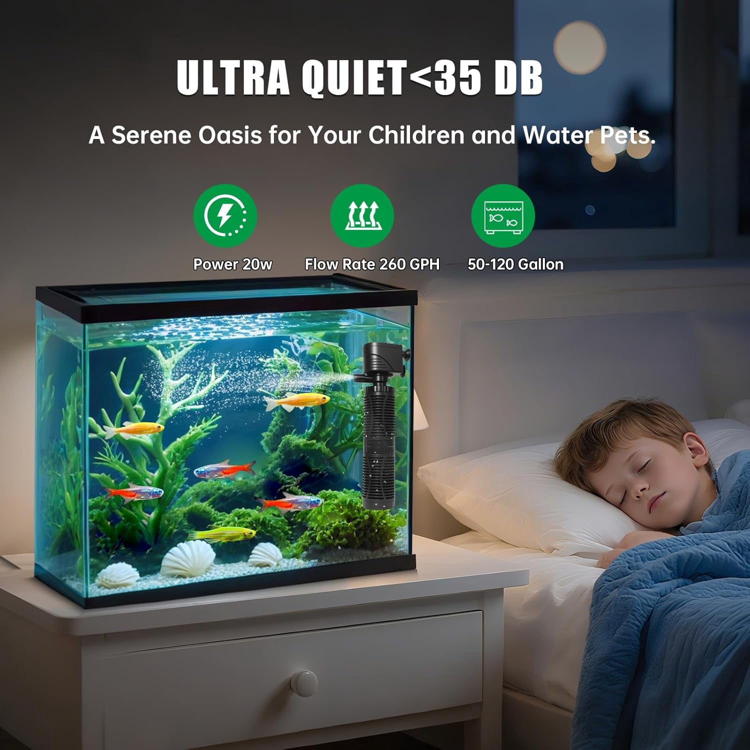 20W Submersible Aquarium Filter for 50–120 Gallon Fish Tanks, Quiet Operation Internal Pump, Energy Efficient, Easy to Install & Maintain, Freshwater or Saltwater, Comes with Sponge