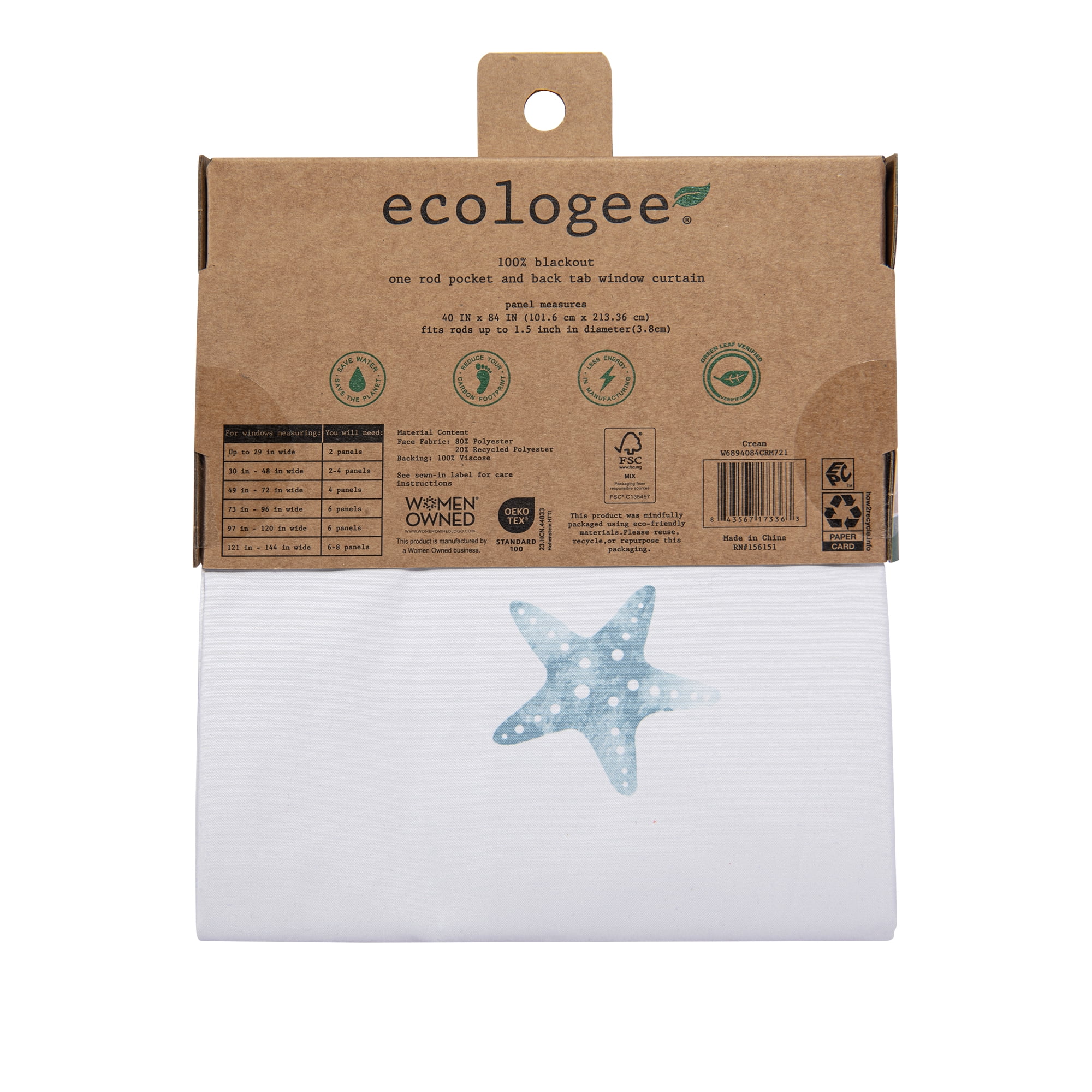 Ecologee Starfish 100% Blackout Rod Pocket Single Indoor Curtain Panel, Cream, 40" W x 84" L