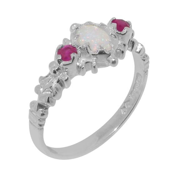 LBG British Made 9k White Gold Natural Opal & Ruby Womens Engagement Ring - 33 size options - Size 6
