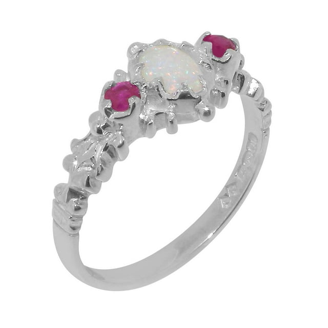 LBG British Made 14k White Gold Natural Opal & Ruby Womens Anniversary Ring - 33 size options - Size 6.5