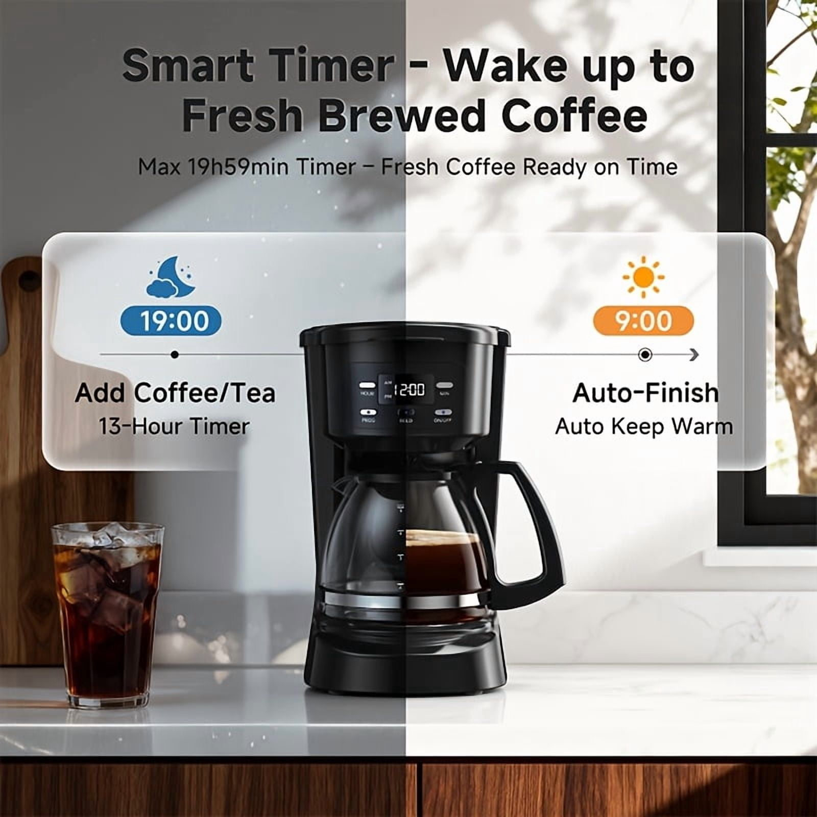 5-Cup Digital Coffee Maker, Programmable, Washable Basket Filter, Sneak-A-Cup, Auto Brew, Water Window, Keep Hot Plate, Black