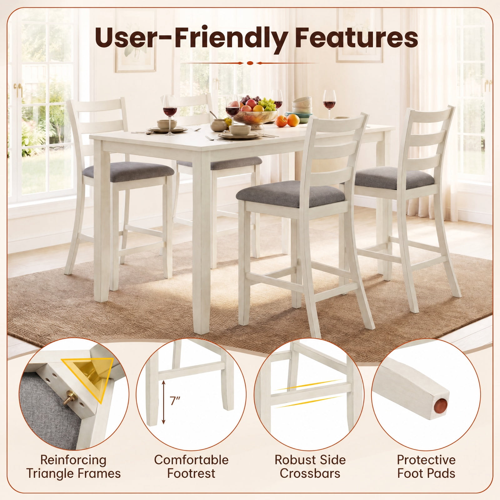 Furnibear Counter Height Chairs Set of 2 with Fabric Seat and Rubber Wood Legs, Upholstered Bar Stools with Backrest, Beige