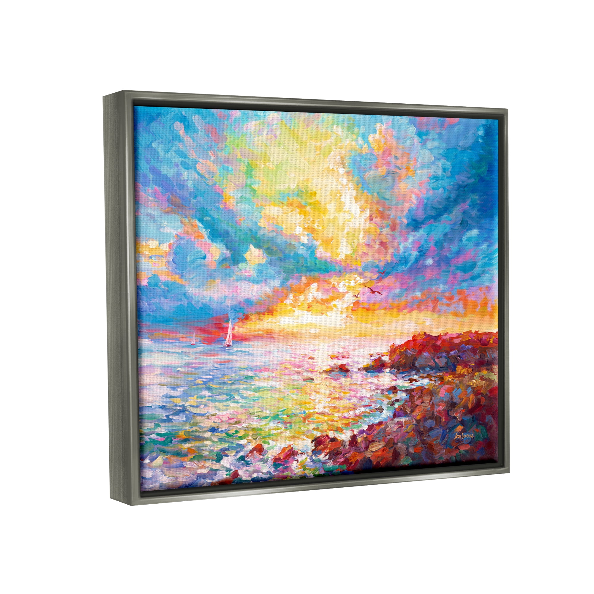 Stupell Industries Mediterranean Sunset Ocean Coast Landscape Painting Gray Floater Framed Canvas Art Print Wall Art, 21 x 17