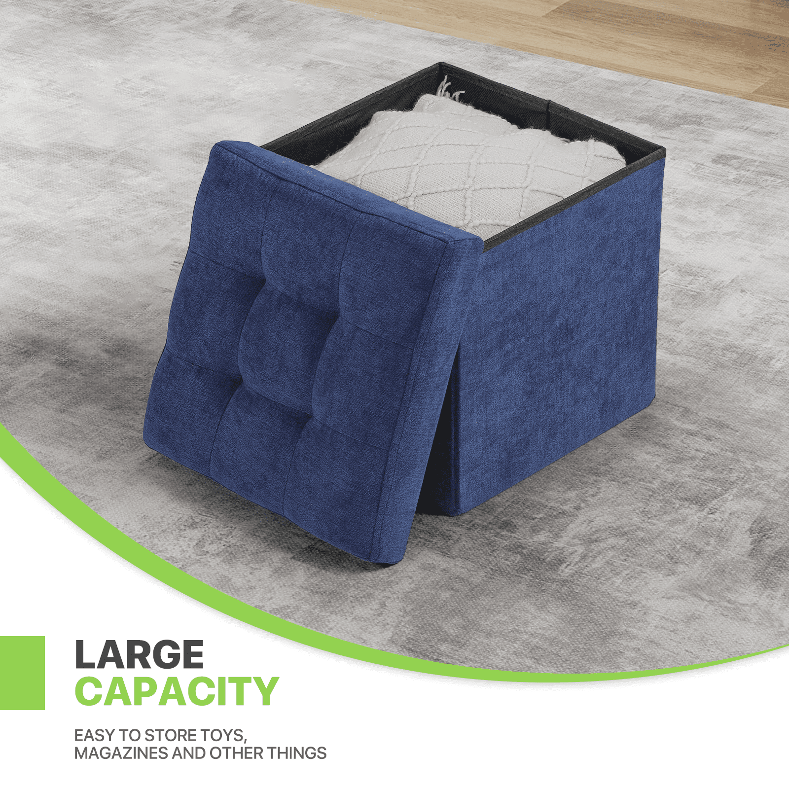 Magshion 15" Cube Folding Ottoman with Storage, Cotton-linen Collapsible Storage Ottoman Foot Stool, for Living Room Bedroom Entryway, Navy Blue