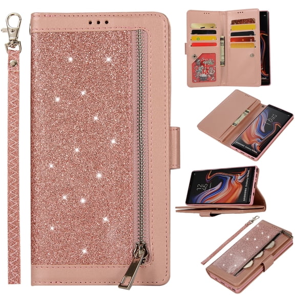 Zipper Wallet Case for Samsung Galaxy Note 9 Phone, Allytech Bling Glitter Leather Case with 9 Credit Card Holder Flip Magnetic Closure Stand Cover with Cash Pocket and Hand Strap, Pink