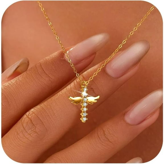 925 Sterling Silver Dainty Cross Necklace for Women Cubic Zirconia Angel Wings Pendant Necklaces Adjustable Choker Necklace Easter Christian Baptism Religious Faith Jewelry Christmas Gifts