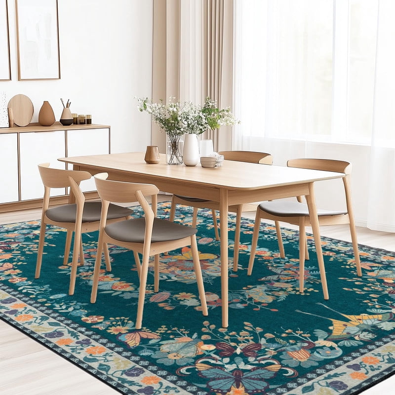 6x9 Washable Dark Green Area Rug for Living Room, Soft Low Pile Butterfly Insect Printed Throw Rugs with Rubber Backing, Non-Slip Stain Resistant Large Carpet for Bedroom Office Dining Girls Room