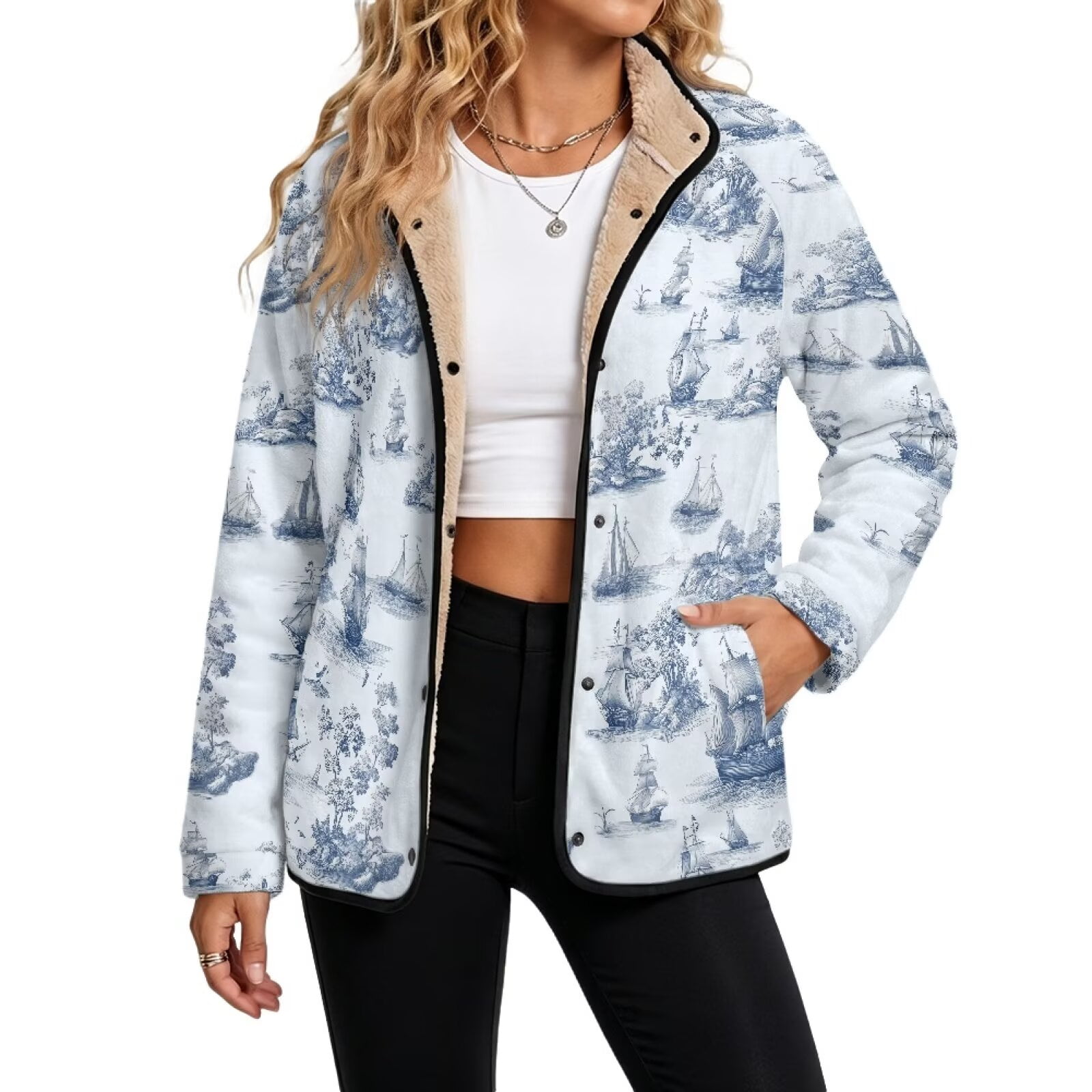 SCRAWLGOD Women's Fleece Jacket Sherpa Lined Outwear Nautical Toile De Jouy Long Sleeve Fuzzy Shacket, Y2K Streetwear, Side Pockets, Snap Closure, Lapel Collar, for Daliy Going Out, Small