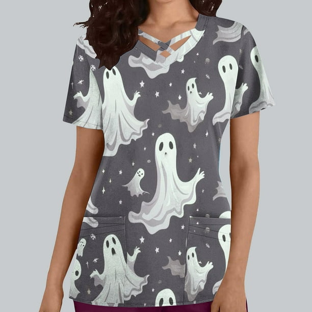 Puntoco Top de lactancia informal con cuello en V, manga corta y estampado de Halloween para mujer