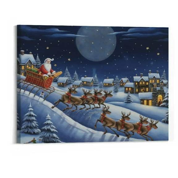 Creowell  Gallery Wrapped Canvas Christmas Wall Art Print for Holiday Decor,20x16 Inch Santa with Sleigh