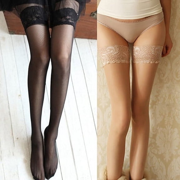 Limei 2 Pairs Women’s Sheer Thigh High Pantyhose Hosiery Nylons Sexy Stockings with Comfort Lace Top Anti-Slip Silicone Elastic Band